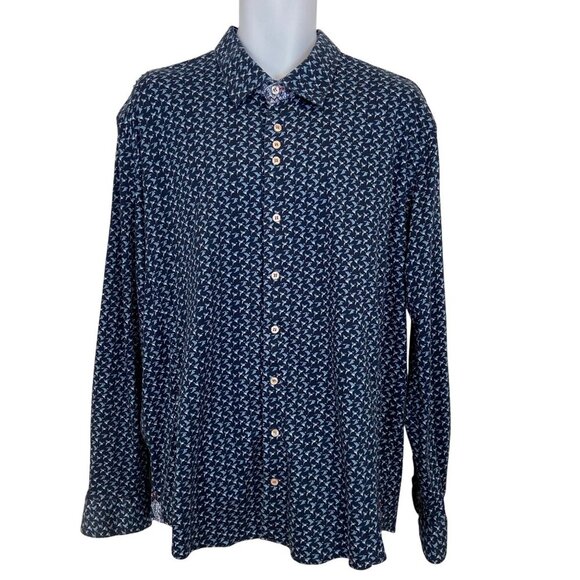 Au Noir Mens Patterned Long Sleeve Shirt Size 6/2XL Navy & Light Blue stretchy - Picture 1 of 14